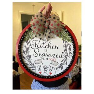 Handmade Sign “This Kitchen Is Seasoned With Love” Red Hanging Sign